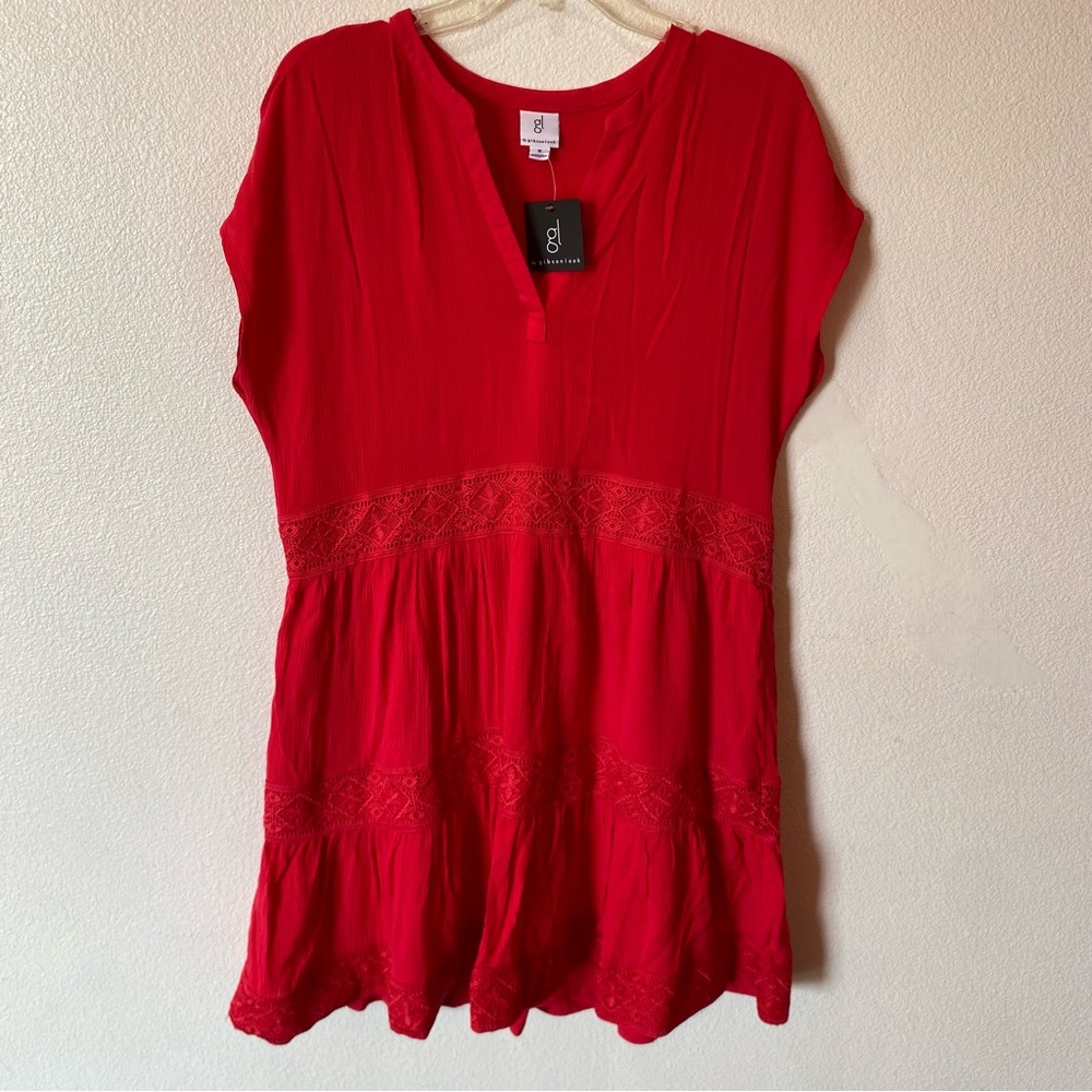 Gibsonlook Hot Red V-Neck Crochet Trim Women's Tiered Tunic Dress Size M